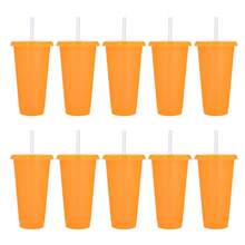 PromoClick Paquete de 10 Vasos de plástico transparente con tapa traslúcida. (Incluyen popote) Cap. 700 ml - Naranja - Ver 1