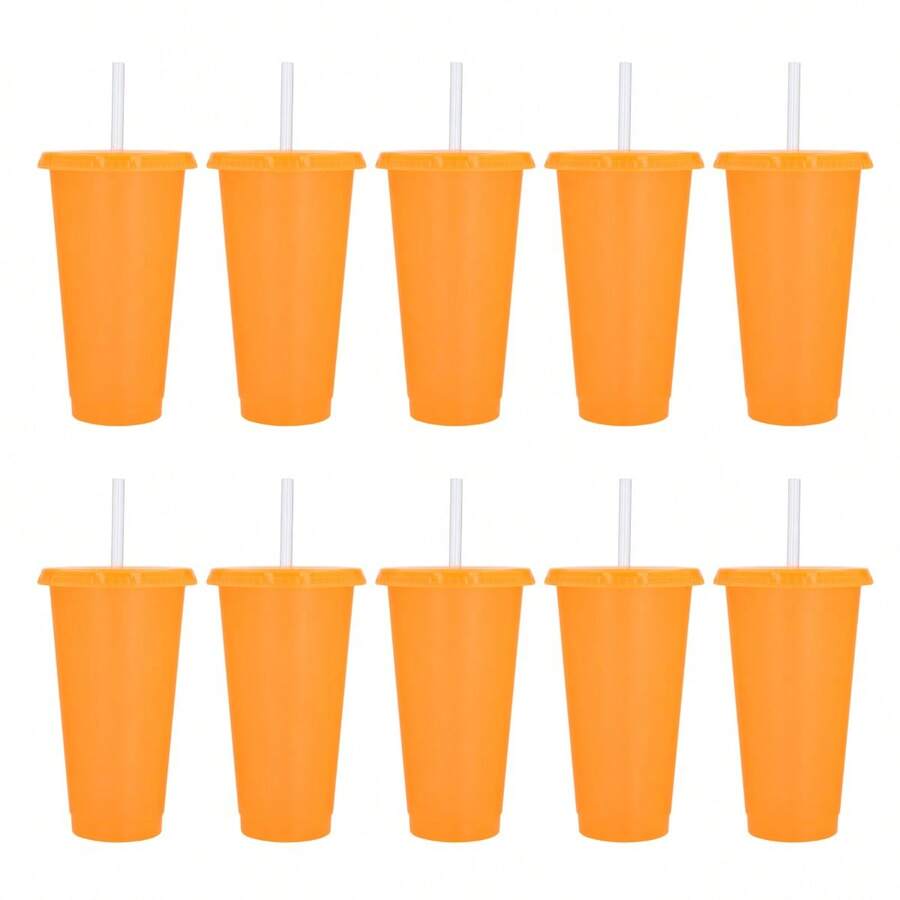 PromoClick Paquete de 10 Vasos de plástico transparente con tapa traslúcida. (Incluyen popote) Cap. 700 ml - Naranja - Ver 1
