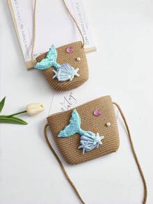 1个美人鱼主题儿童斜挎包，女孩公主单肩包，零钱包，草编包 - A - 查看 5