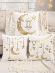 1个/2个金色开斋节快乐装饰枕套，新月星刺绣毛绒材质，伊斯兰斋月开斋节礼物，客厅沙发装饰 - 彩色 - 查看 2