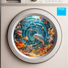 1pc Underwater World Dolphin And Coral Reef Fish Washing Machine Sticker, Removable Self-Adhesive Waterproof PVC Marine Life Wall Decal, Suitable For Bathrooms, Balconies, And Washing Machine Background Walls, 2D Flat Design. - Multicolor - View 4