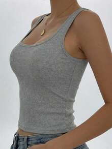 Women's Summer Solid Square Neck Ribbed Casual Versatile White Tank Top - Grey - View 4