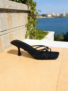Sandalias de mujer tipo mule, estilo hada con unicolor, punta cuadrada, tacón fino, tira cruzada, sandalias de tacón alto - Negro - Ver 4