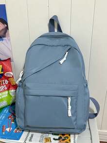 1 Mochila escolar de gran capacidad de nailon para estudiantes, mochila de unicolor simple para estudiantes universitarios, mochila de nailon para damas, mochila de viaje para niñas, bolso de hombro - Azul - Ver 12