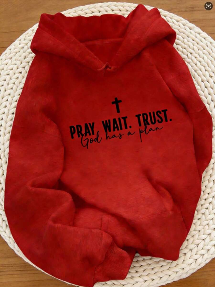 Letter Retro Retro English Back To School Season PRAY WAIT TRUST GOD HAS A PLAN Back To School Women Outfits Women's Casual Hoodies-Autumn/Winter New - 紅色 - 查看 1