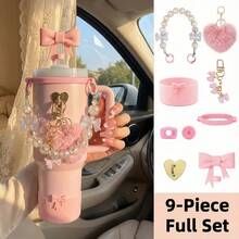 9件套粉色蝴蝶结水杯配件套装，适用于40盎司/30盎司保温杯 - 包括仿珍珠手柄链、硅胶套、吸管套、心形吊坠和防漏塞，水瓶装饰饰品，可爱学院风，送给女性和女孩的礼物 - 彩色 - 查看 2
