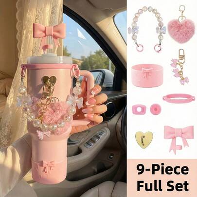 9件套粉色蝴蝶结水杯配件套装，适用于40盎司/30盎司保温杯 - 包括仿珍珠手柄链、硅胶套、吸管套、心形吊坠和防漏塞，水瓶装饰饰品，可爱学院风，送给女性和女孩的礼物