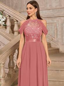 MIUSOL High Neck Elegant Sequin Floral Lace Off-Shoulder Maxi Dress, Women's Graceful Party Gown Suitable For Wedding Guest, Vacation, Graduation Ceremony, Formal Dinner And Other Occasions - Dusty Pink - View 8