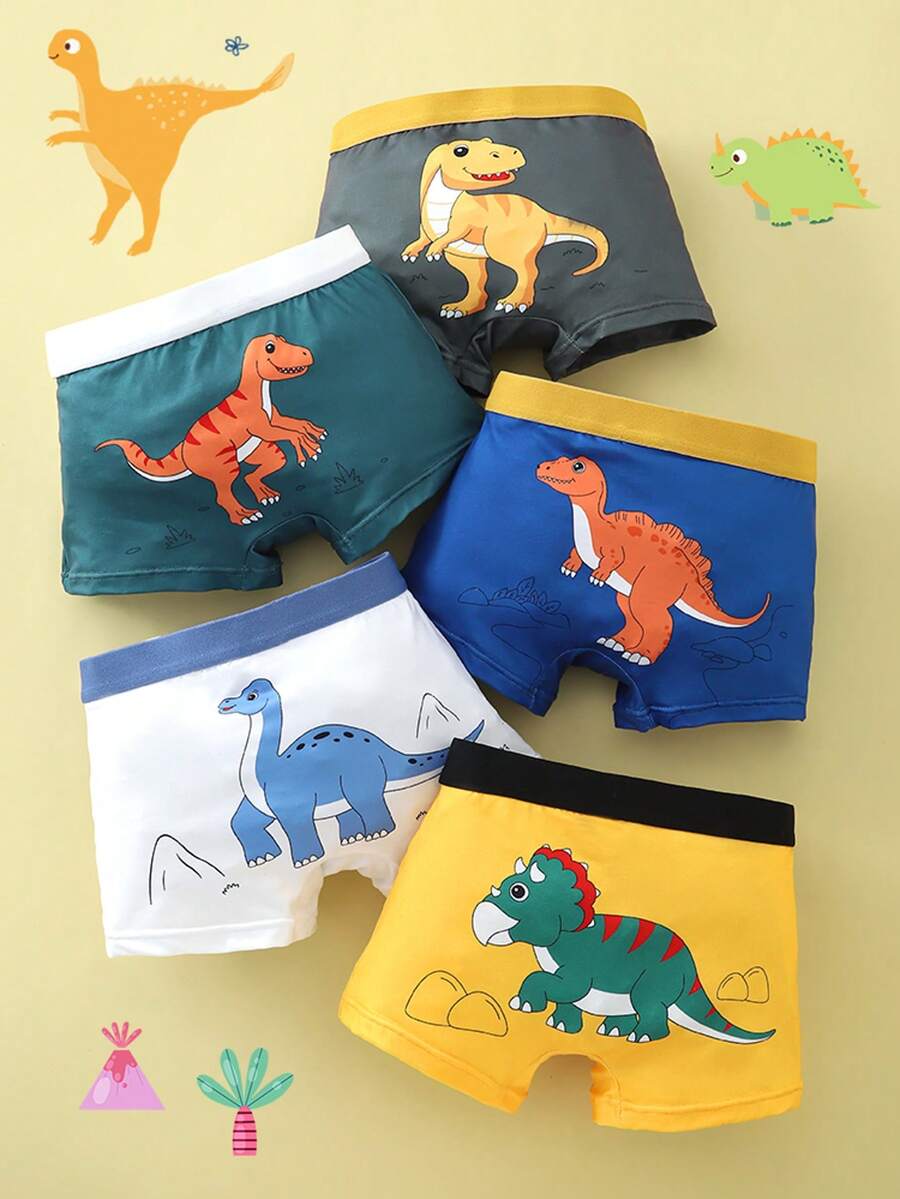 5pcs/Sets Boys Knitted Cute Animal Dinosaur Print Boxer Shorts, Comfortable Skin-Friendly Fabric, All Season Wear, Selected For Boys