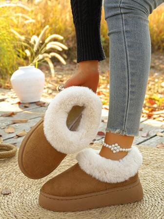 女士舒适厚底套穿式雪地靴，毛茸茸的冬季新款时尚百搭踝靴