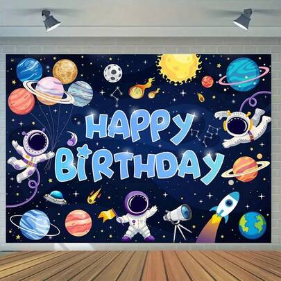 1件生日背景布，以太空宇航员和“生日快乐”字样为背景设计，采用高清印花工艺，印制在涤纶面料上，适用于生日派对、庭院、家居装饰和摄影用品。