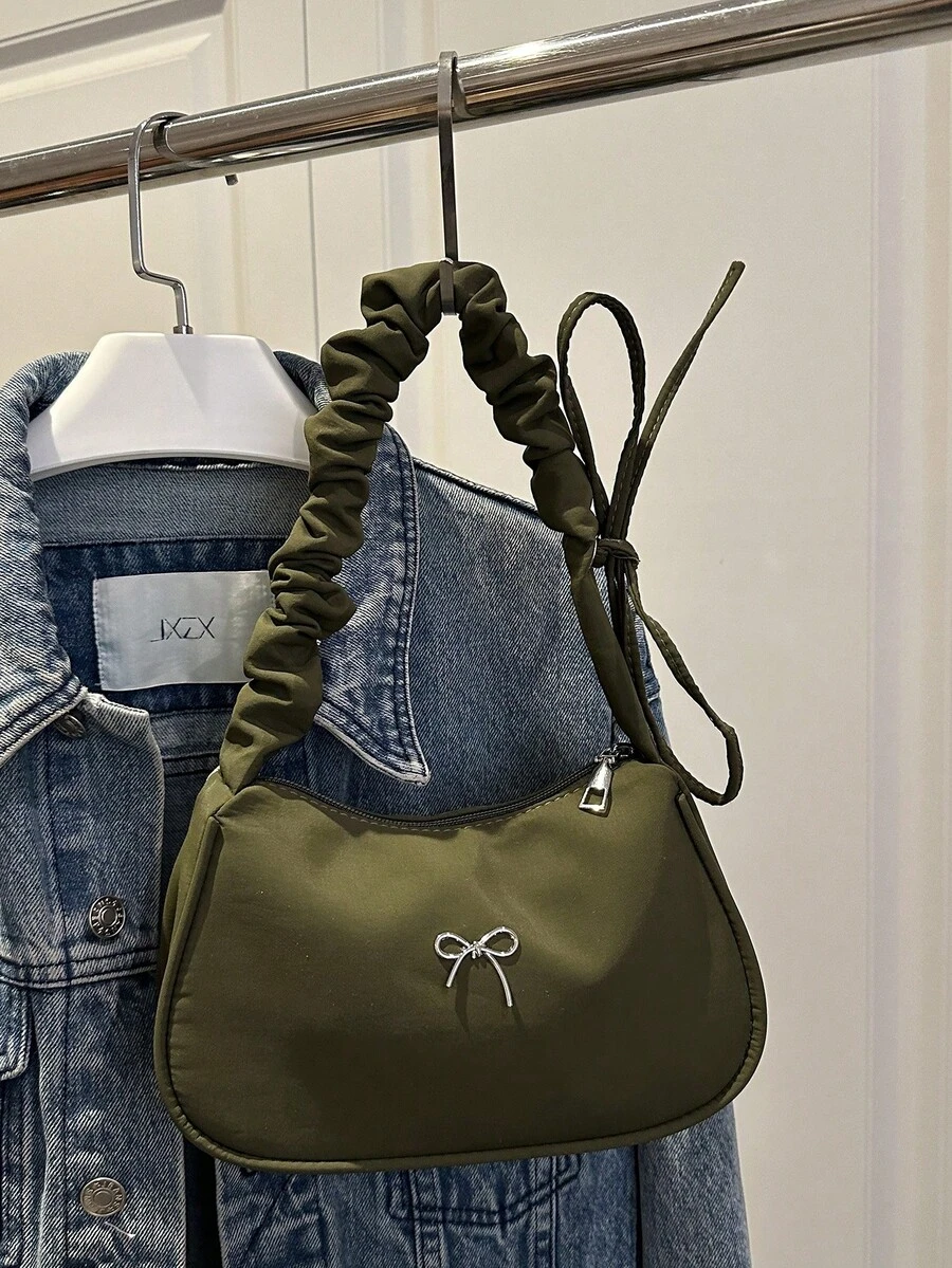 1 件纯色时尚云朵荷叶边蝴蝶结手提包、单肩包和腋下包 - 綠色 - 查看 1