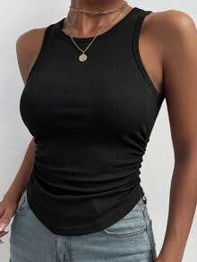 ChicMe Women's Crew Neck Sleeveless Side Ruched Ribbed Tank Top, Fitted Backless Design, Classic & Fashionable, Suitable For Casual Wear All Year Round Black Summer - Black - View 5