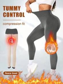 女士保暖内衬紧身裤，高腰弹力腰带休闲裤，适合户外健身运动，秋冬季 - 灰色 - 查看 5