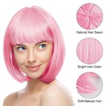 DShort Bob Wig For Women Ago With 2 Hairnets Colored Straight Wigs With Bangs Neon Colorful Synthetic Wig Natural As Real Hair Funny Costume Wigs For Halloween Party Anime Cosplay - Pink - View 3