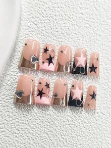 10片Y2K可爱少女美甲贴纸，亚克力美甲套装，心形水钻装饰，黑、粉、银三色组合，星星美甲贴纸，包含指甲锉（1片果冻贴纸+1片指甲锉），3种尺寸：杏仁形、鸭嘴形、棺材形，适合通勤、派对、日常、节日美甲 - 彩色 - 查看 15