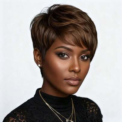 Beaushine Elf Short Wig, Human Hair, Short Elf Wig With Bangs, Natural No-Glue Short Wig, No Lace Layered Straight Elf Short Wig - Chocolate Brown