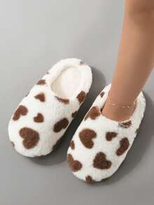 Lindas zapatillas de casa/interiores de fondo suave y cálido con diseño de corazón para damas, para otoño/invierno - Café integral - Ver 2