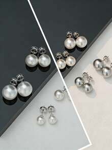 1对优雅圆形珍珠耳钉，简约百搭珍珠耳环 - 米色 - 查看 8