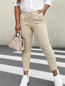 HOMEYEE 大码女式复古休闲优雅日常商务长裤 春季 - 卡其色 - 查看 6