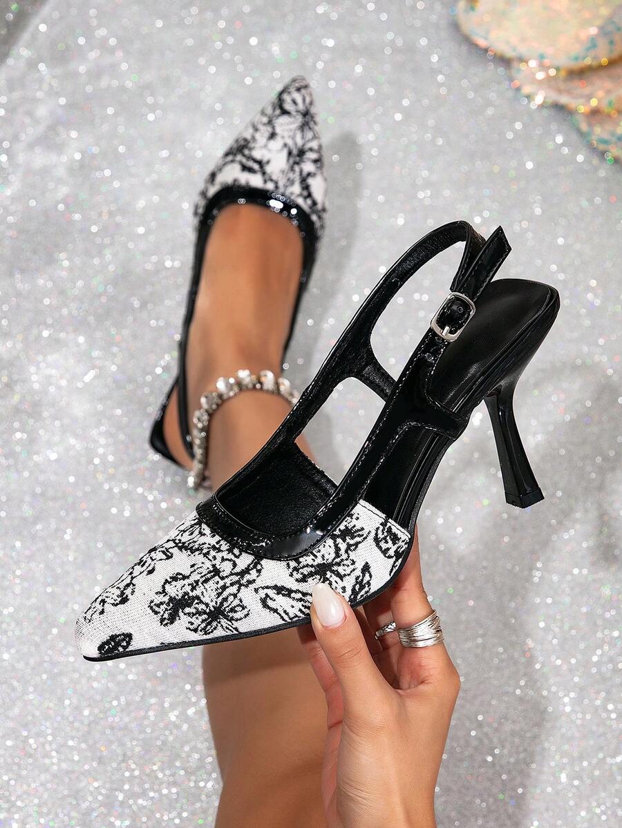 Wide Fit White High Heel Pumps For Women, Spring/Summer New Pointed Toe Backless Thin Heel Fashion Elegant Plus Size Shoes - Black and White - View 1