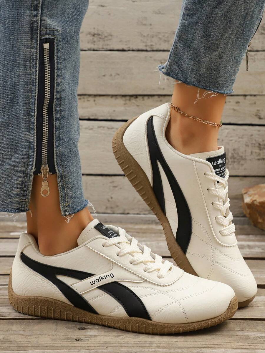 女士休闲运动鞋，春秋新款时尚轻便透气系带平底舒适跑步鞋 - 黑與白 - 查看 1