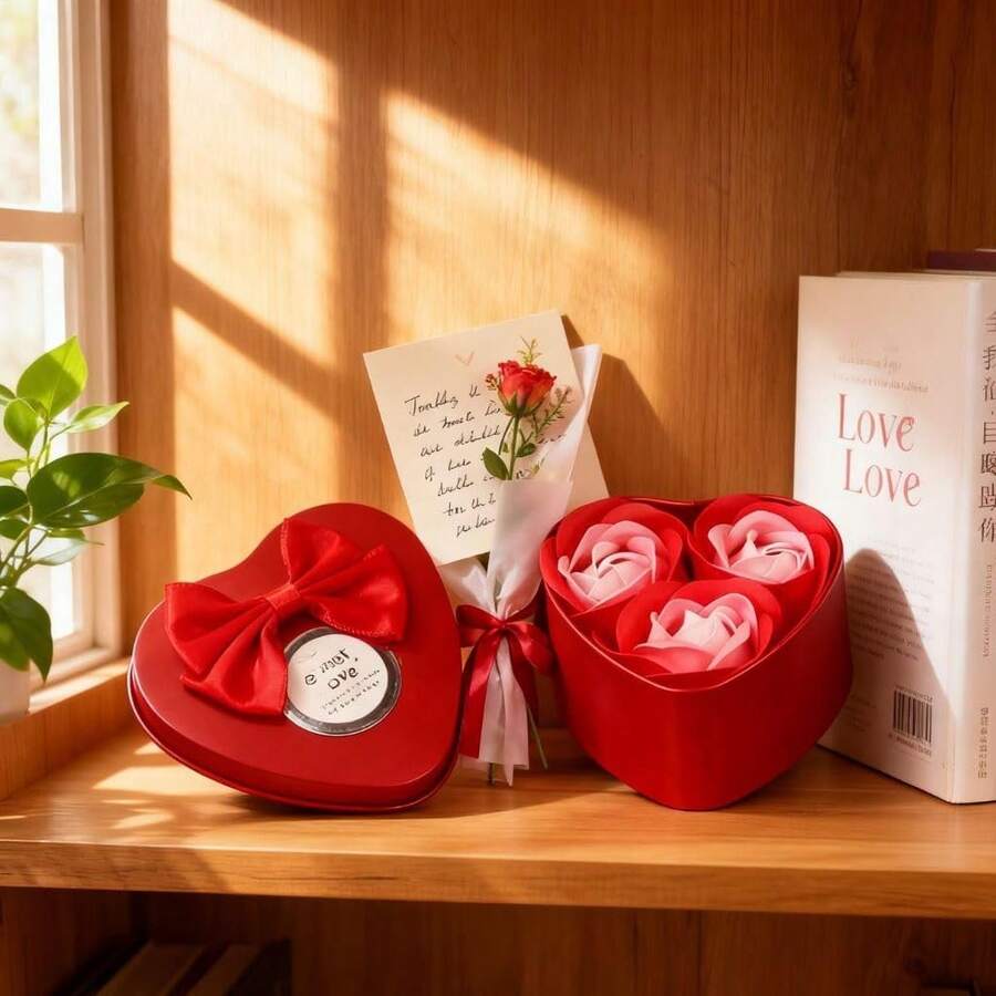 Conjunto de 3 rosas artificiais realistas em seda, em caixa em formato de coração. Textura realista, ideal para decoração de casa e presentes românticos. - Multicolorido - Ver 1