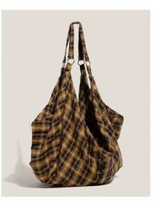 Túi đeo vai họa tiết kẻ caro dung tích lớn, Túi đeo chéo nữ, Túi tote đa năng thường ngày, Thích hợp đi làm, đi học, du lịch - trái cam - Xem 7