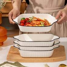 1个陶瓷烘焙碗，菱形图案和黑色竖线设计，双耳设计，易于清洗，非常适合烘焙和盛放食物，为家庭聚会和节日增添魅力（适合所有季节） - 白色 - 查看 2