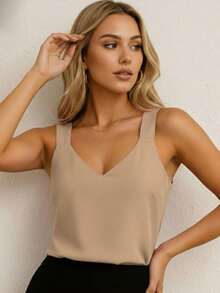 Women's Tank Top With Wide Straps, Viscose Linen, V-Neck – Basic, Cool And Elegant For Summer - Beige - View 5