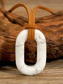 Natural Stone O-Shaped Pendant Necklace, Vintage Geometric Ellipse Design, Suede Cord, Unisex Couple Jewelry - Multicolor - View 19