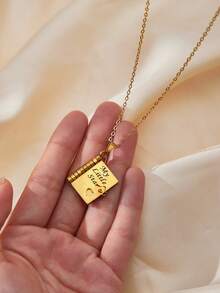 Women's Necklace - 1 Gold Fashionable Simple Stainless Steel Flip-Top Engraved Book Pendant Necklace, My Little Star, Elegant Collarbone Necklace For Daughter Or Mother - Gift - Square - View 5