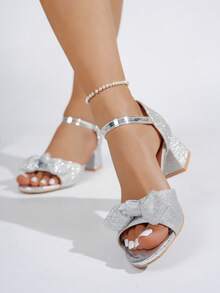 2026 Summer New Fashionable Sexy Goddess Lace-Up Thick Sole Roman Sandals, Women's High Heel Bowknot Sandals - Silver - View 13