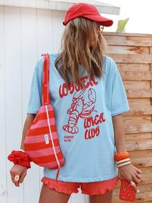 龙虾爱好者俱乐部，女士夏季，女士沙滩，女士休闲宽松圆领短袖T恤 白色 - 白色 - 查看 1