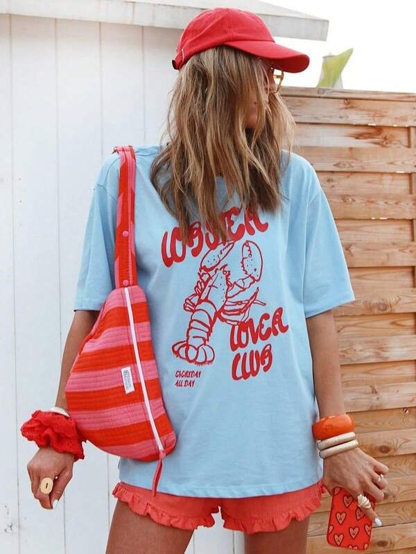 LOBSTER LOVER CLUB, Women Summer, Women Beach, Women Casual Oversized Loose Fit Round Neck Short Sleeve T-Shirt