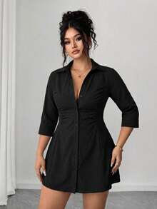 Elegant Black Ruched Waist Ruffle Hem Shirt, Fitted 3/4 Sleeve Button Down Blouse, Women's Casual Office Work Top - Black - View 5