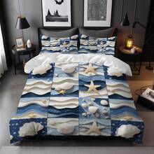 3件套海洋主题印花被套组（1个被套+2个枕套，不含被芯），饰有海星、海浪和贝壳拼接图案。男女皆宜的家居装饰，适用于卧室、客房、游戏室和宿舍。四季皆宜，可机洗。