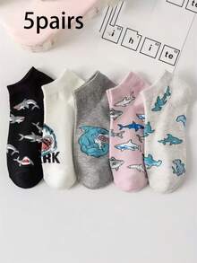 5 Pairs Women's Shark Theme Socks - Korean Style, Cute Low-Cut Ankle Socks And Casual Styles - Multicolor - View 5