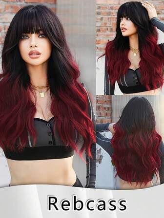 Red Ombre Synthetic Wig For Women 22 Inch Long Body Wave Layered Hair With Bangs Red Ombre Synthetic Wig For Women,Long Body Wave Layered Hair With Bangs Heat Resistant And Breathable, Festival Hairpiece, Wavy Hairstyle, Fashionable Wig, Lightweight Wig, Synthetic Wig High Temperature Fiber Full And Thick,Wavy To Curly Texture, Red Ombre Hair Wig For Bold Style Suitable For Any Face Shape And All Styles,Charm Sexy And Cuteness