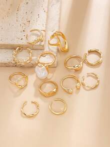 11件套波西米亚几何不对称仿珍珠镂空弧形金属时尚戒指套装，奢华优雅日常休闲派对珠宝礼品，女士
