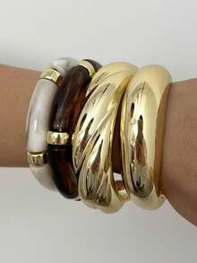4pcs/Set Vintage Minimalist Elegant Resin Acrylic Brown Elastic Bracelet & Bangle Set, Gold Stripe Smooth Open Cuff, Suitable For Women Daily, Party, Valentine's Day, Dating, Holiday Gift, Stackable, 2026 New Arrival - Gold - View 3