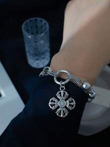 1pc Vintage Rhinestone Vajra Bracelet, Luxurious Cross Charm Bracelet, Suitable For Women's Daily Wear - Bracelet - View 3