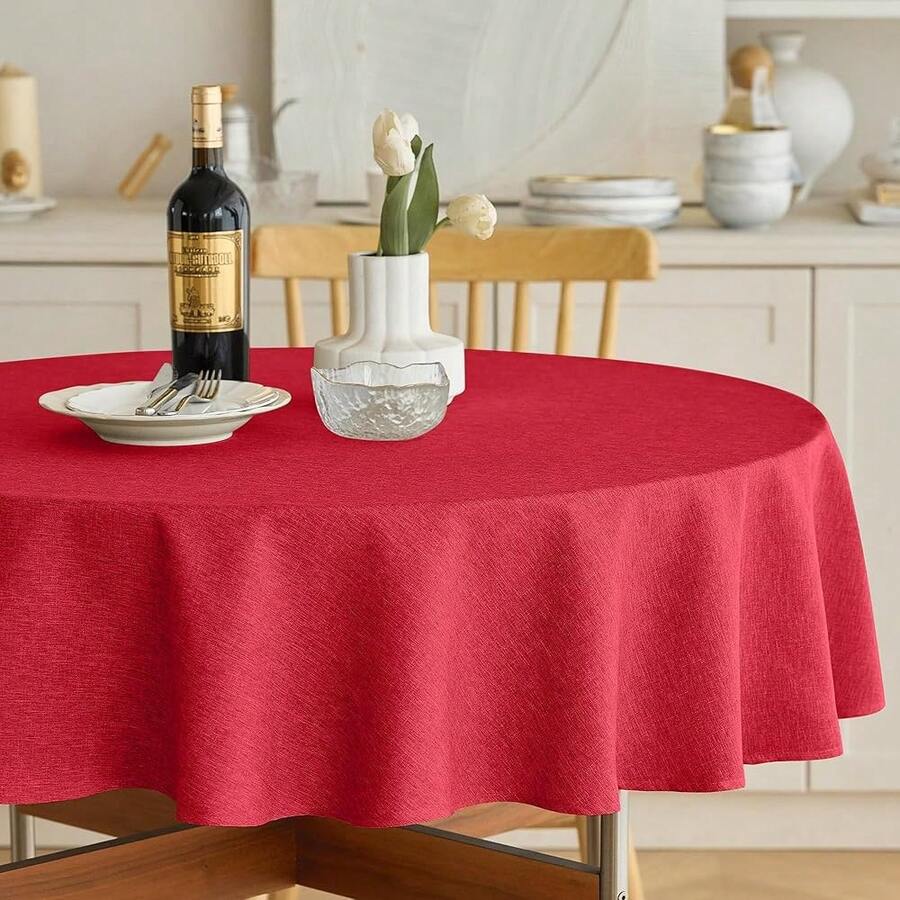 Waterproof Round Tablecloth, Decorative Rustic Wipeable Tablecloths Wrinkle Free Table Cloth Cover For Holiday,Wedding,Dining& Kitchen Table (70 Inch,Round (4-6 Seats),Red),Red70inchRound - Red70inchRound - View 1