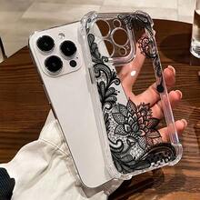 Ốp lưng TPU hoa văn ren đen 1 cái mới mạ điện, đệm khí bốn góc, chống rơi/ốp TPU trong suốt dày dặn, tương thích với Apple 17 Air/17 Pro Max/16 Pro Max/16 Pro/16/13 Pro Max/12 Pro Max 11, 15 Pro Max, 14 Pro Max/Galaxy, SAM/Honor/Note 13 Pro/S23 Ultra/S24 Ultra/S25/A56, quà tặng mùa xuân, phiên bản quốc tế, không phải phiên bản nội địa. - Trong sáng - Xem 2