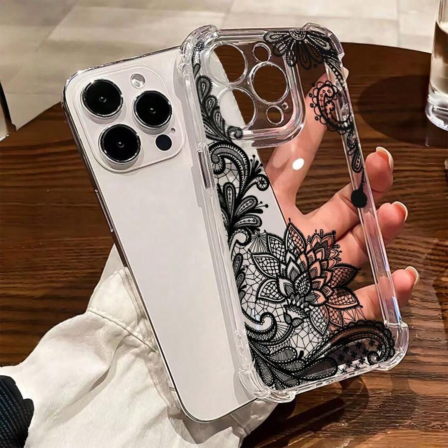 Ốp lưng TPU hoa văn ren đen 1 cái mới mạ điện, đệm khí bốn góc, chống rơi/ốp TPU trong suốt dày dặn, tương thích với Apple 17 Air/17 Pro Max/16 Pro Max/16 Pro/16/13 Pro Max/12 Pro Max 11, 15 Pro Max, 14 Pro Max/Galaxy, SAM/Honor/Note 13 Pro/S23 Ultra/S24 Ultra/S25/A56, quà tặng mùa xuân, phiên bản quốc tế, không phải phiên bản nội địa.
