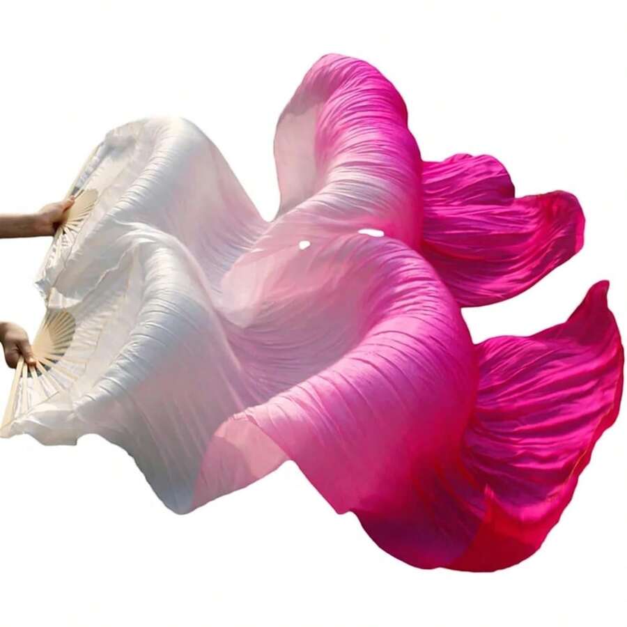 1 Pair(Left+Right) Belly Dance Fan Artificial Silk Fans,Colorful Dancing Fabric Fans,Long Folding Belly Dance Fans Dancing,Length 180cm Width 90cm - 白色漸層玫瑰 - 查看 1