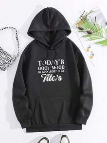 Today's Good Mood Is Sponsored By Tito's Graphic Print Long Sleeve Drawstring Fleece Hoodie Pullover Pocket Sweatshirt For Women, Casual Oversized Long Sleeve Fashion Streetwear Pullover Black White Options, Winter Clothes, Suitable For Parties, Outdoor Activities, And Leisure - 黑色 - 查看 3