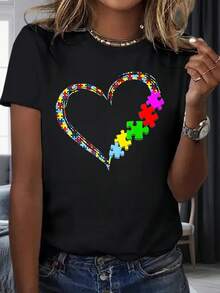 Awareness Heart Puzzle Piece T-Shirt Women's White Cotton Casual Top For Support And Love220g - Black - View 2