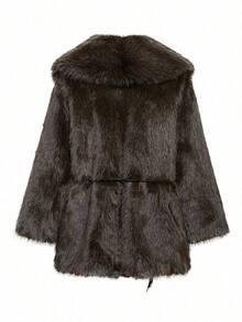 女士冬季仿皮草外套，棕色保暖蓬松夹克，时尚翻领长袖人造皮草外套，女士腰带休闲宽松外套 - 棕色 - 查看 12