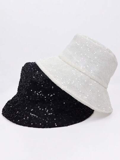 1pc Shiny Sequin Patchwork Casual Polyester Bucket Hat, UV Protection, Lightweight Breathable Fashion Versatile Foldable Sun Hat, Suitable For Spring/Summer